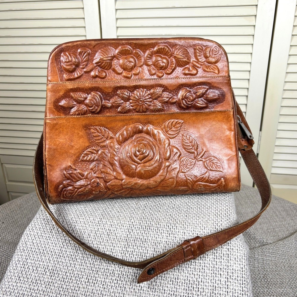 Vintage Boho Tan Tooled Leather Southwestern Floral Satchel Bag Hand Made Mexico